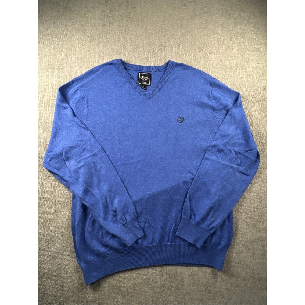 Chaps Sweater Cotton Cashmere Men's Size L Blue V-Neck Long Sleeve Solid Stretch